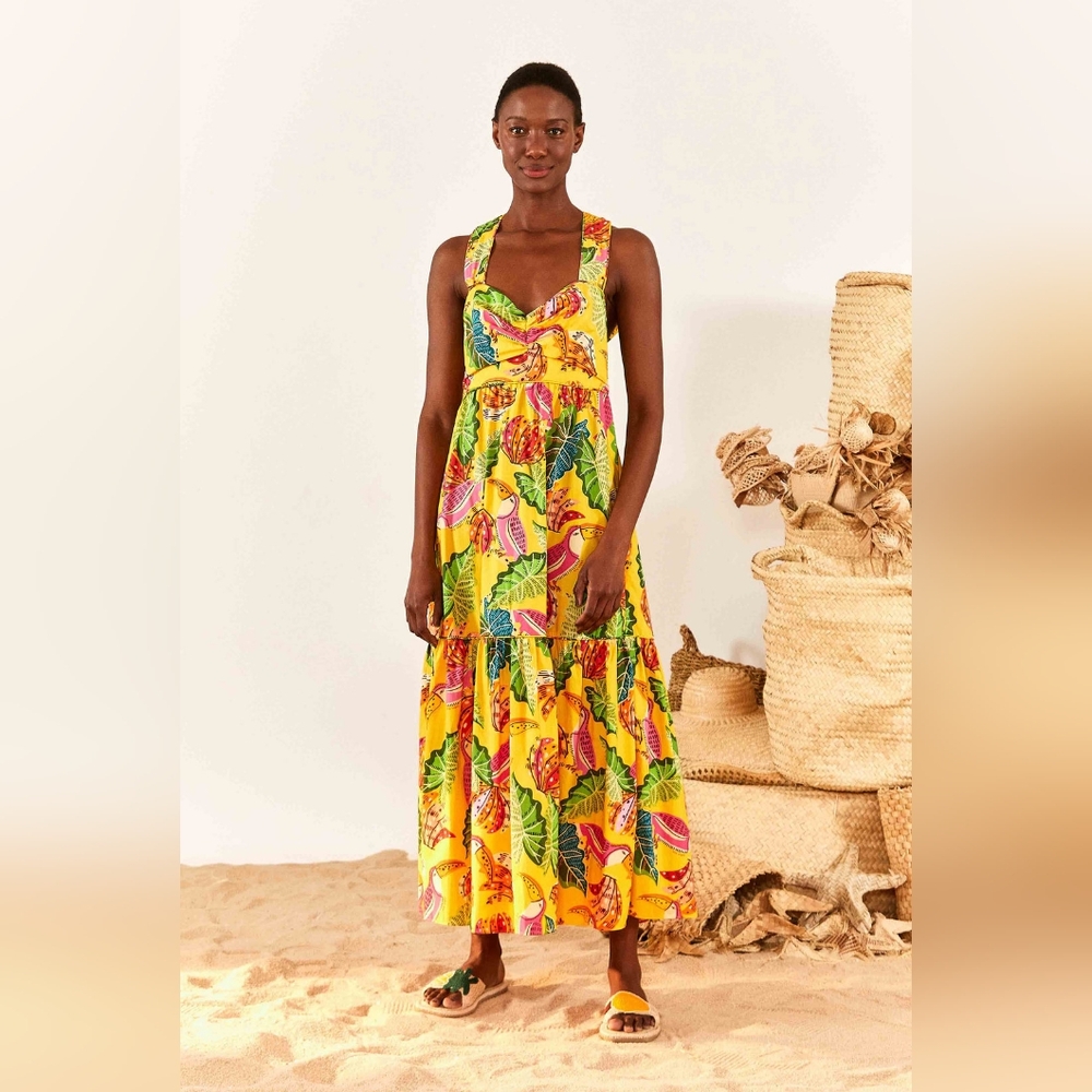 FARM RIO Beaks & Bananas Cotton Maxi Dress, Size S